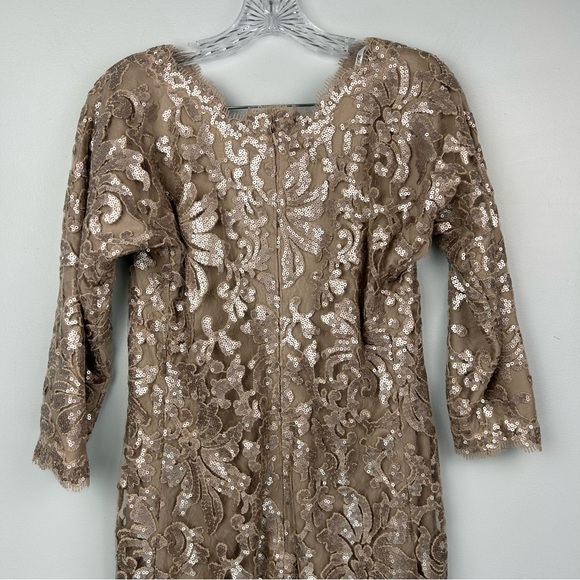Tadashi Shoji Cocktail Dress Sequin Lace Embroidery Appliquéd Sand Beige Sz 8 - Picture 8 of 15